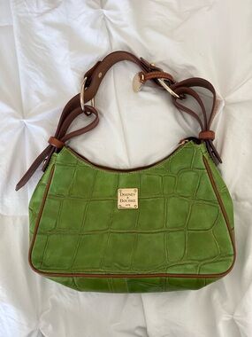 Dooney & Bourke Green Croc-Embossed Shoulder Bag with Brown Trim
